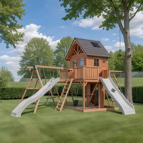 Large Outdoor Swing Set with Playhouse, Double Slides & 3 Swings