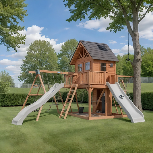 Large Outdoor Swing Set with Playhouse, Double Slides & 3 Swings