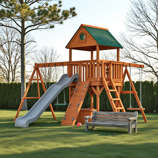 Wooden Swing Set for Children – Backyard Playhouse, Slide & Safe Swings Included