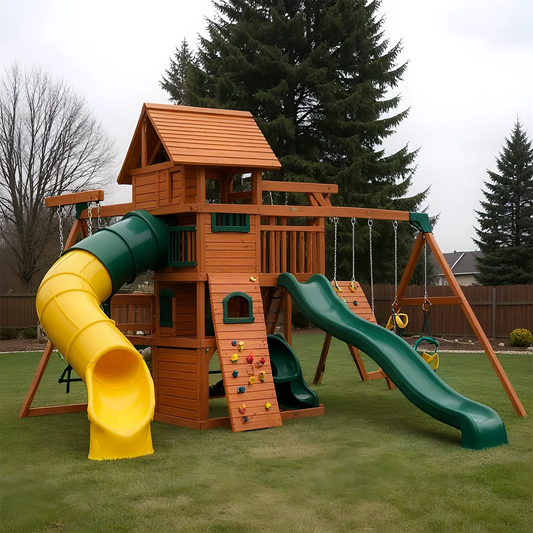 Kids Wooden Swingset with Slide, Playhouse & Outdoor Adventure Features