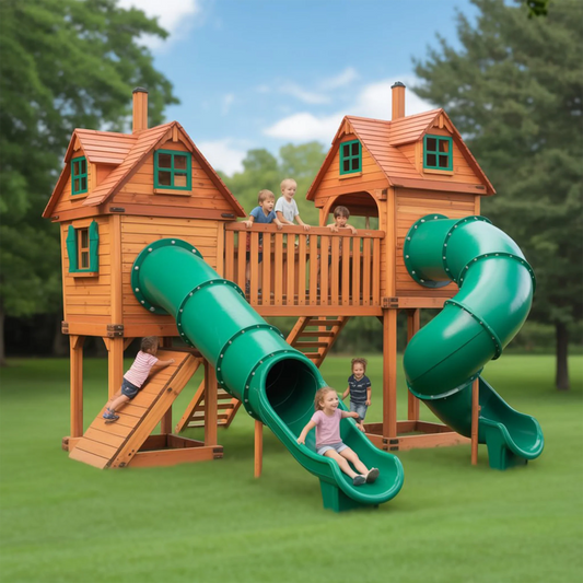 Kids Wooden Swingset with Slide, Playhouse & Outdoor Adventure Features