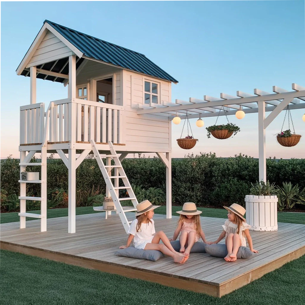 Luxury Wooden Playhouse with Deck, Swing & Slide – 20ft Backyard Kids Outdoor Playground