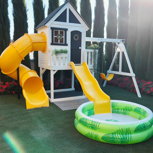 Wooden Playhouse with Tube & Wave Slide | 22x12x9 ft Backyard Playground with Swings & Sandbox