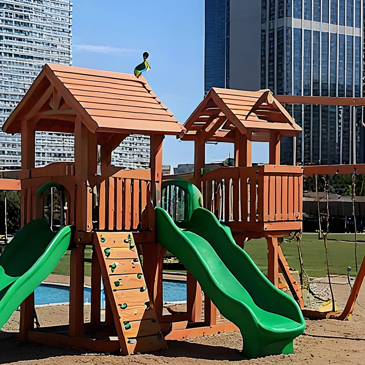 Outdoor Wooden Playset with Playhouse, Swings, Rock Wall & Double Slide for Kids