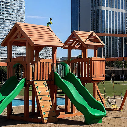 Outdoor Wooden Playset with Playhouse, Swings, Rock Wall & Double Slide for Kids