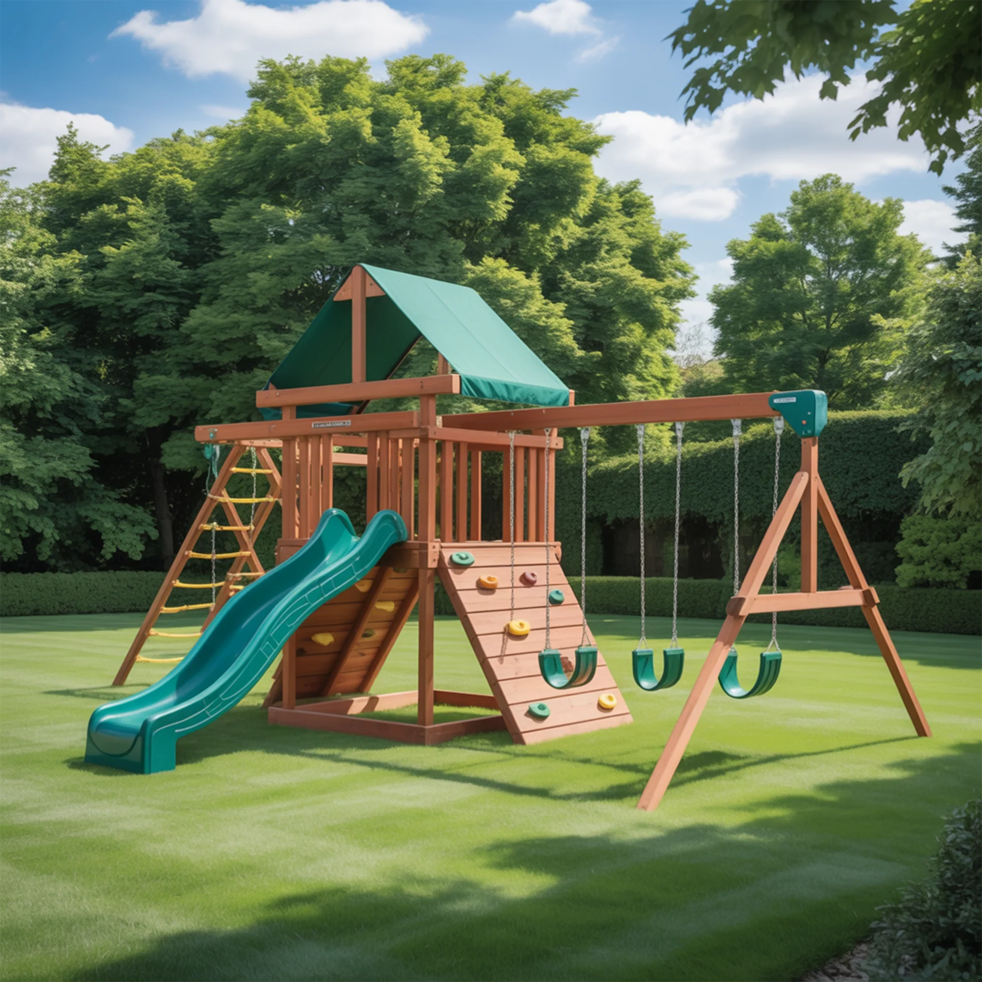 Backyard Wooden Playset with Double Swing, Rock Climbing Wall, Green Slide & Canopy Roof – Outdoor Adventure Playground, 22x10x9ft