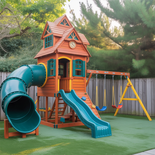 Premium Wooden Swingset with Spiral Tube Slide & Dual Straight Slides – Outdoor Backyard Playhouse Playground for Kids