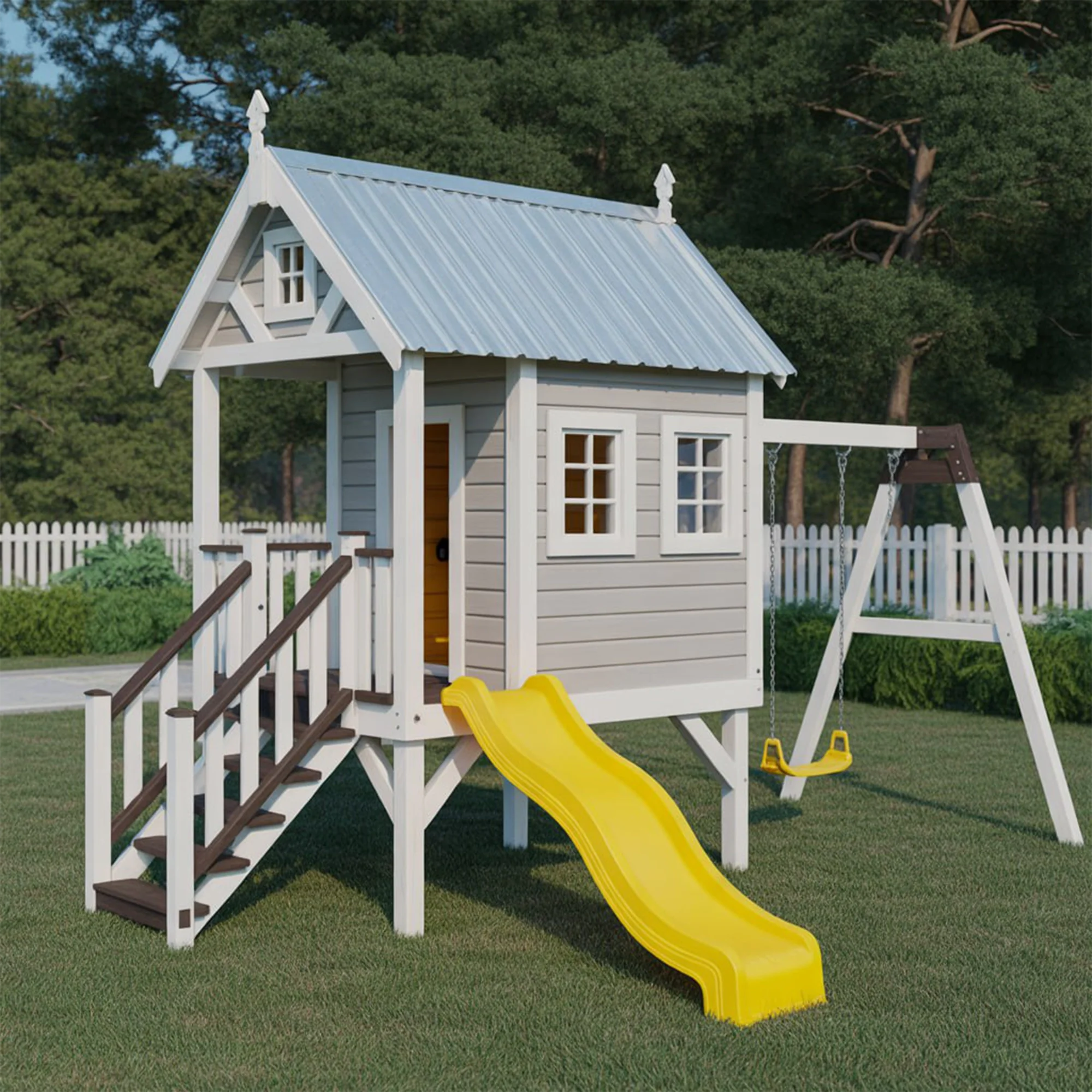 Wooden Playhouse with Slide & Swing – 16ft | Outdoor Backyard Playground