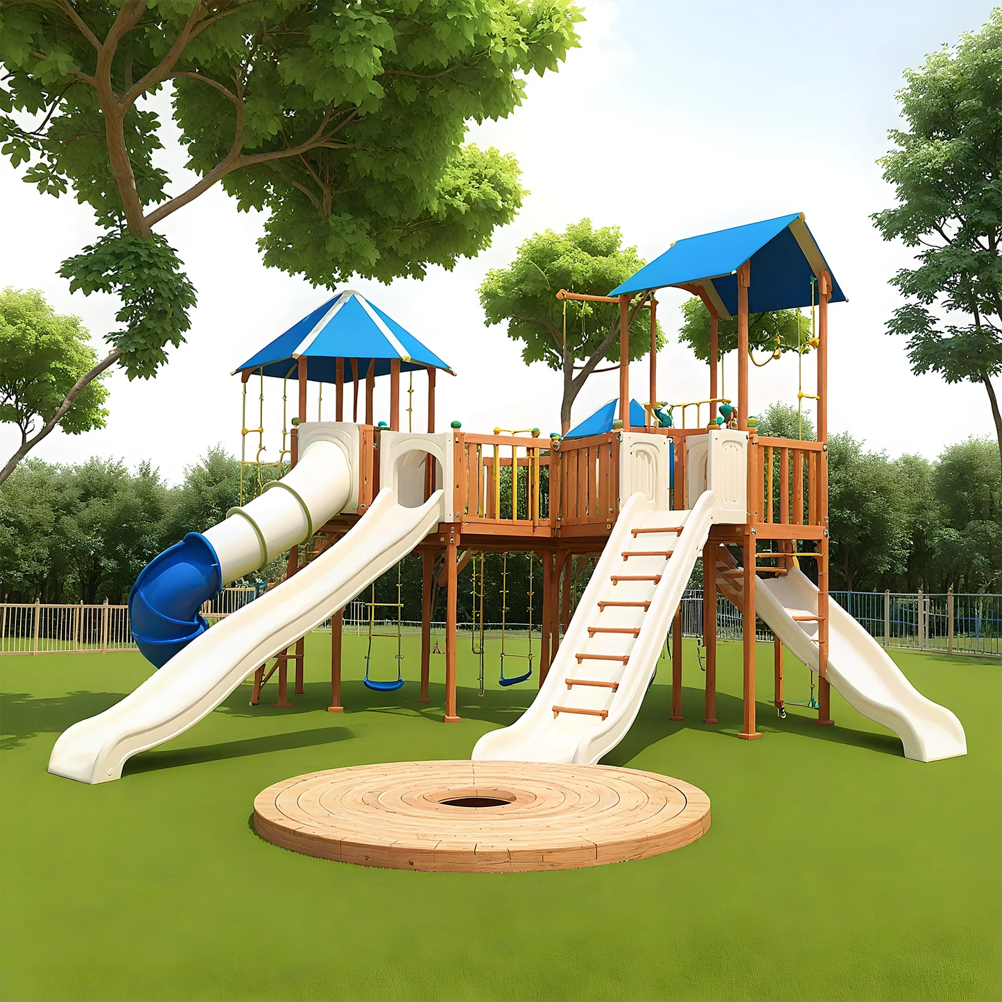 Wooden Swingset with Double Towers, Tube Slide & Swings – Kids Outdoor Playground