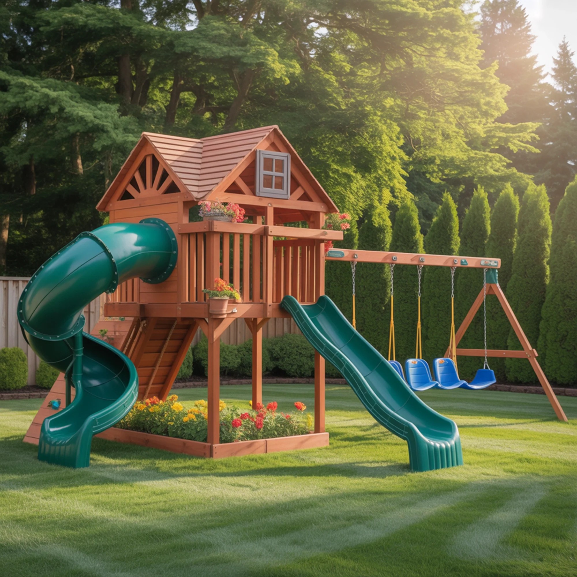 Deluxe Wooden Playhouse with Dual Slides, Spiral Tube Slide, Triple Swings & Garden Base – Outdoor Kids Activity Center | 24x10x9 ft