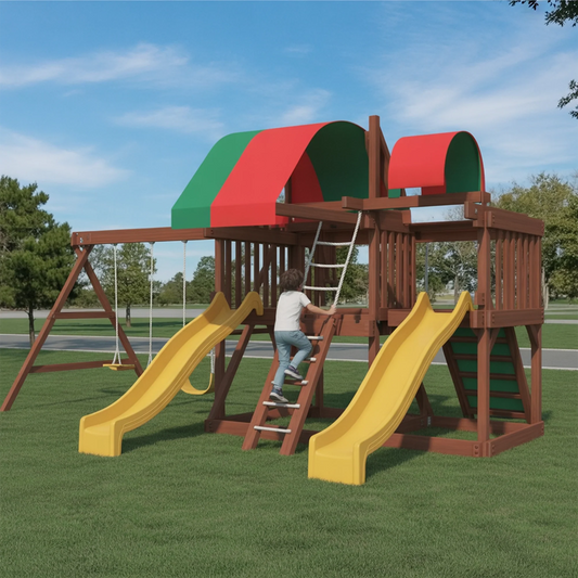 Deluxe Wooden Swingset with Dual Slides, Climbing Wall & Canopy Roof – Outdoor Backyard Playset