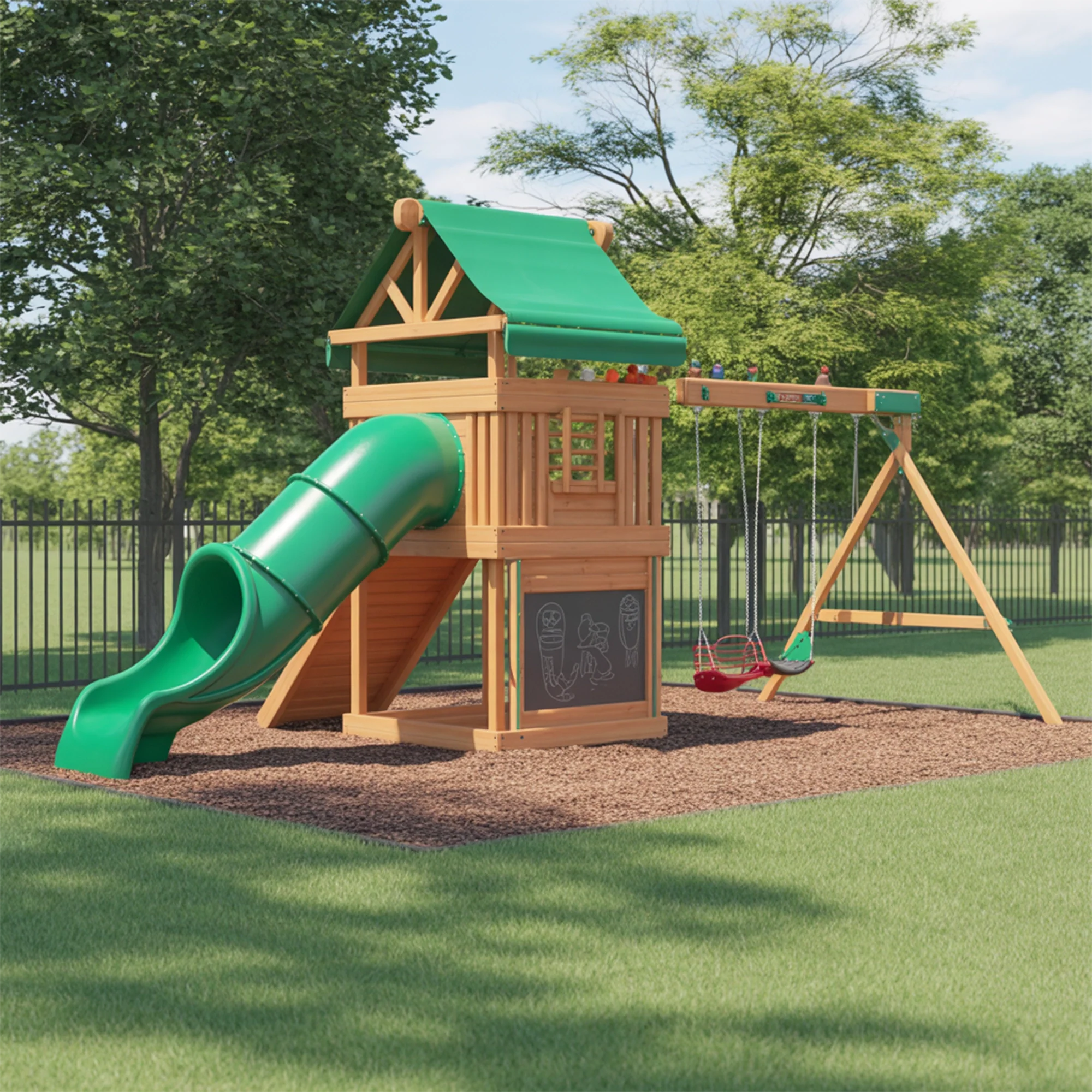 Backyard Wooden Playset with Tube Slide, Double Swings & Climbing Wall – Outdoor Adventure Swing Set for Kids | Durable & Safe Design