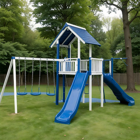 2-Story Wooden Swingset with Clubhouse, Slides & Swing Beam