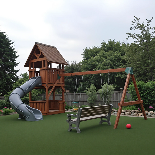 Large Wooden Swing Set for Backyard – Playhouse, Slide, and Double Swings for Children