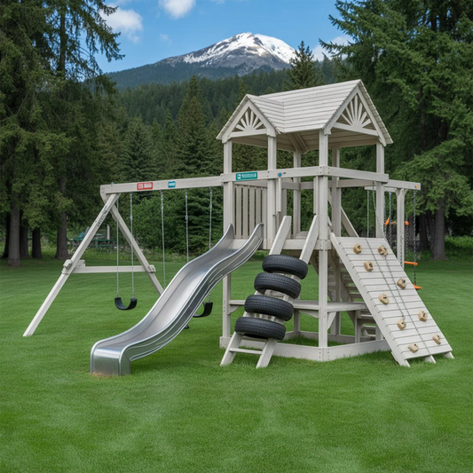 Premium Backyard Wooden Swingset with Double Slides & Playhouse