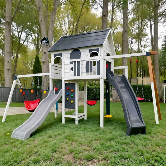 Wooden Swing Set with Double Slides & Playhouse – Outdoor Playground with Swings and Climbing Wall (19.5 ft)