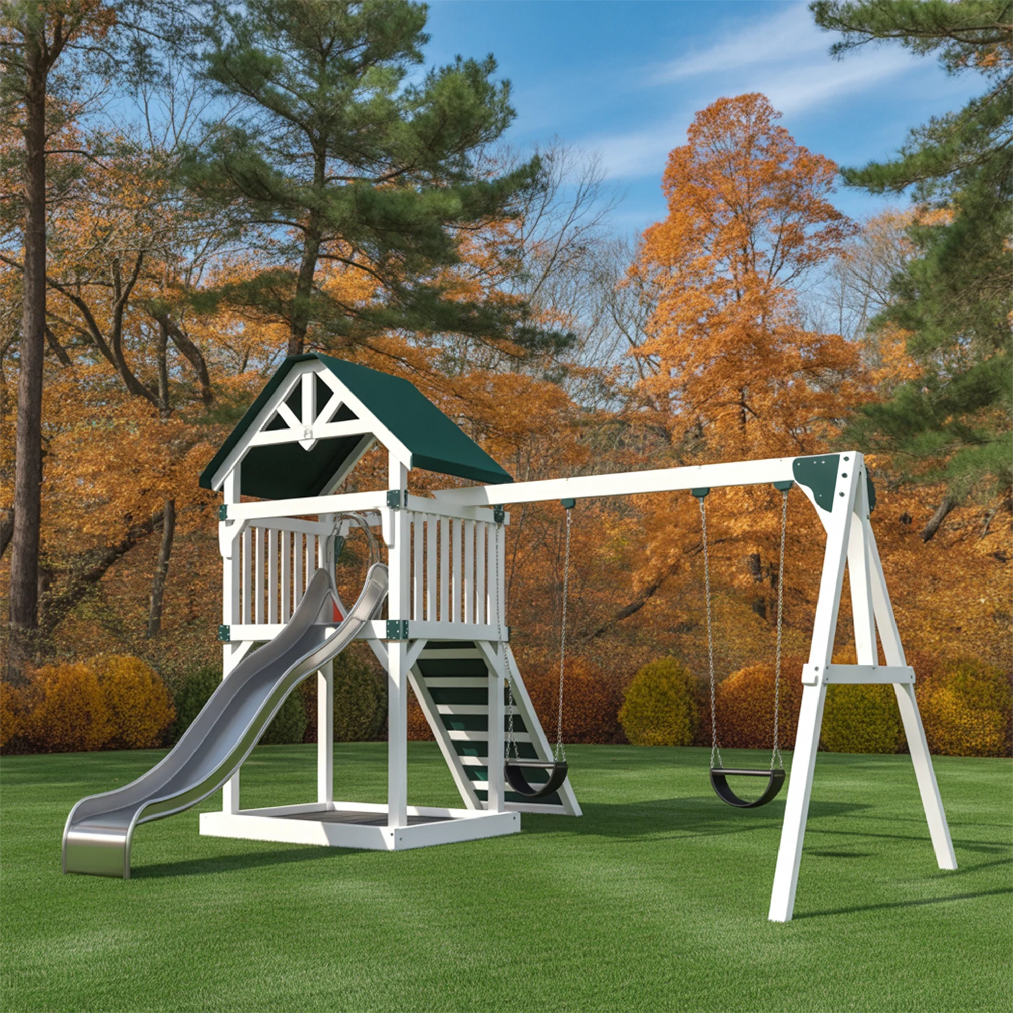 Wooden Outdoor Playset with Double Swings, Slide & Climbing Wall – 22ft x 10ft x 9ft Backyard Playground