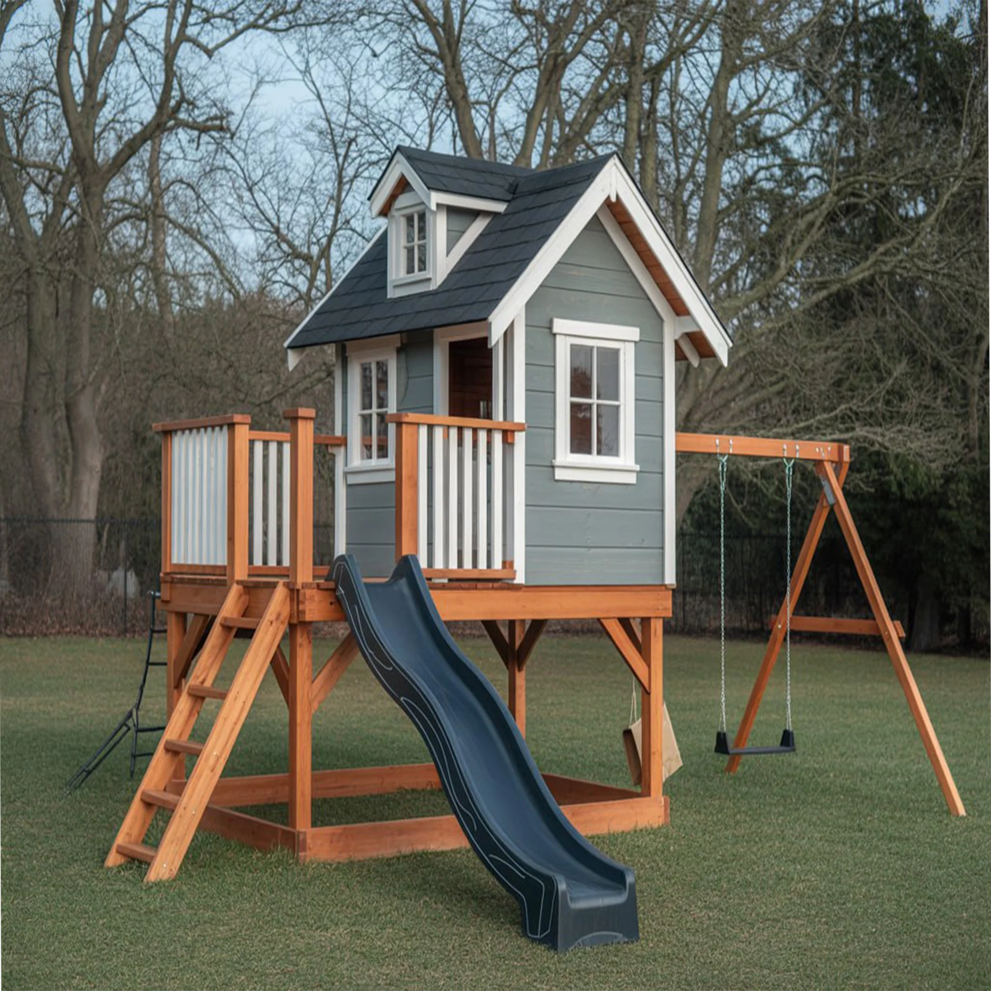 Modern Wooden Playhouse with Slide & Swing – Backyard Adventure Set, 16ft x 12ft x 9ft