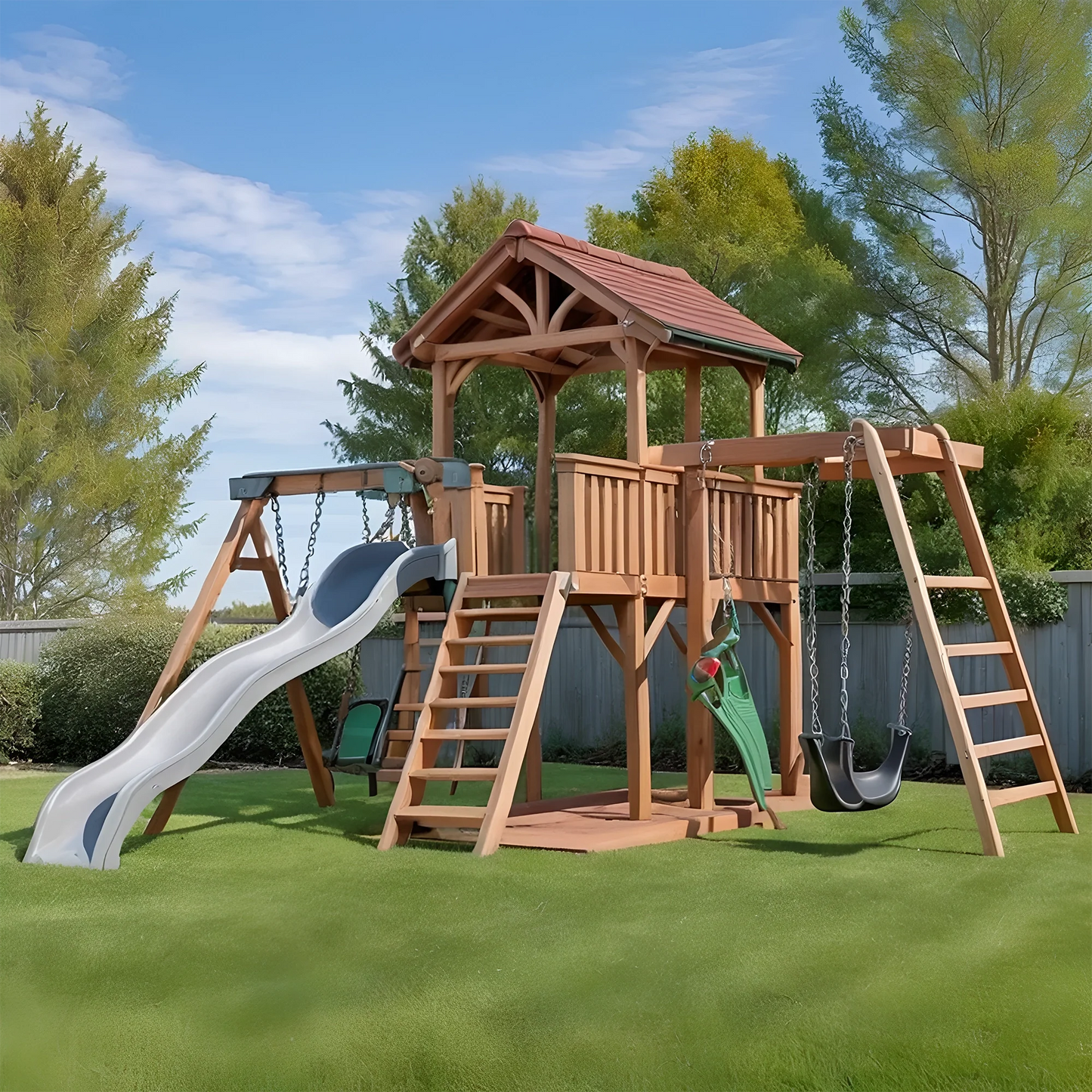Outdoor Wooden Playhouse with Slide & Swings – Fun Backyard Playground for Kids