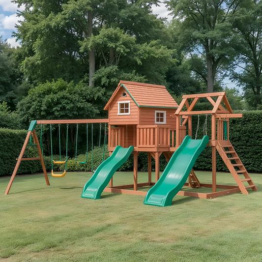 Deluxe Wooden Swing Set with Slide & Playhouse – Safe Backyard Playground for Kids