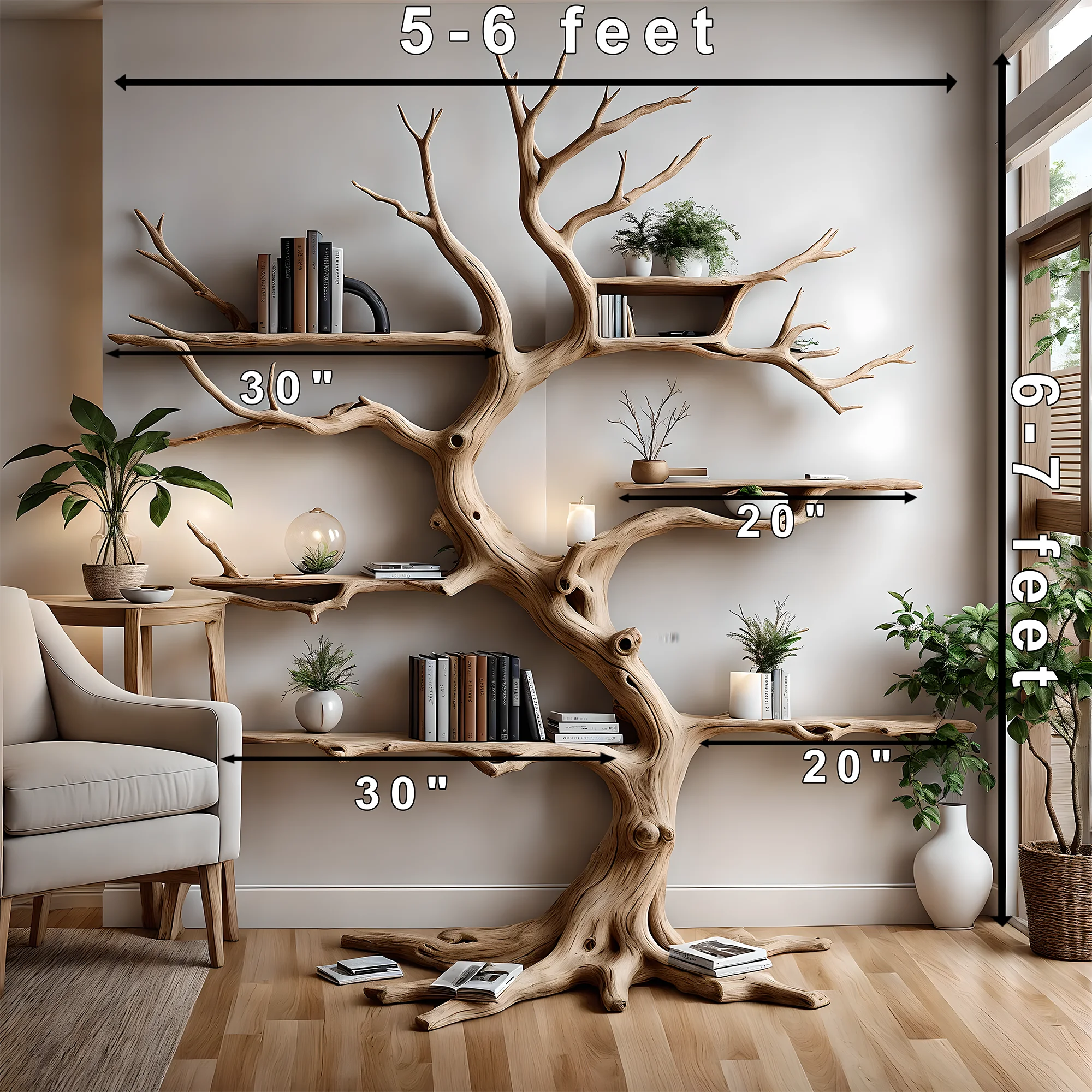 Tree-shaped driftwood bookshelf, solid wood bookshelf, perennial wood bookshelf, living room decoration shelf, home decoration 