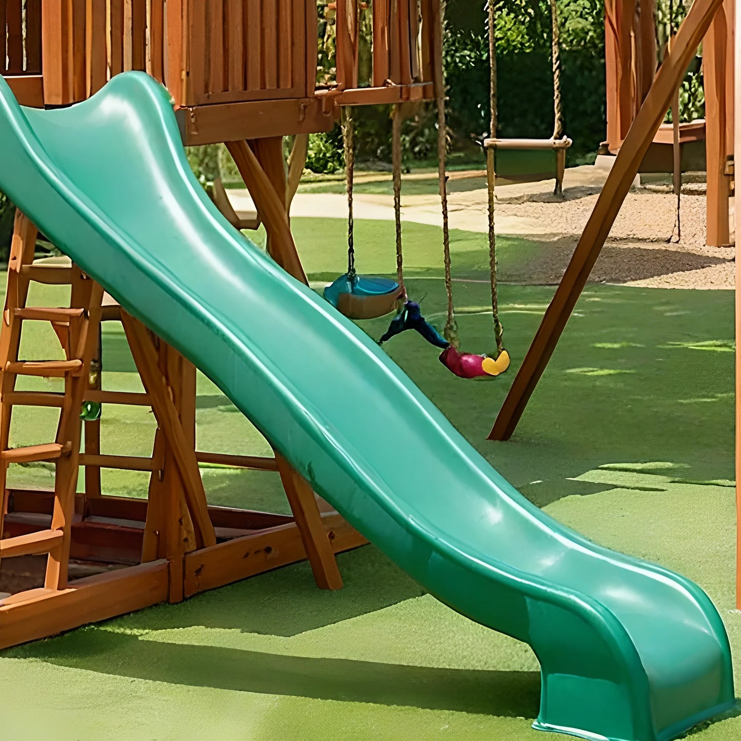 Premium Wooden Swing Set with Dual Slides, Playhouse Deck & Multiple Swings