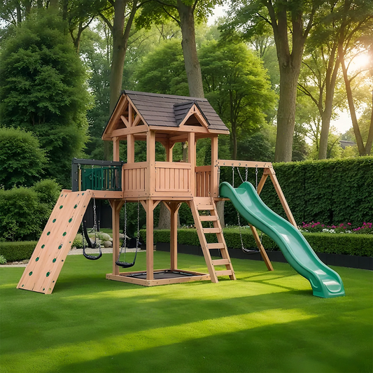 Heavy-Duty Swing Set with Playhouse, 2 Slides & Swings for Backyard Fun