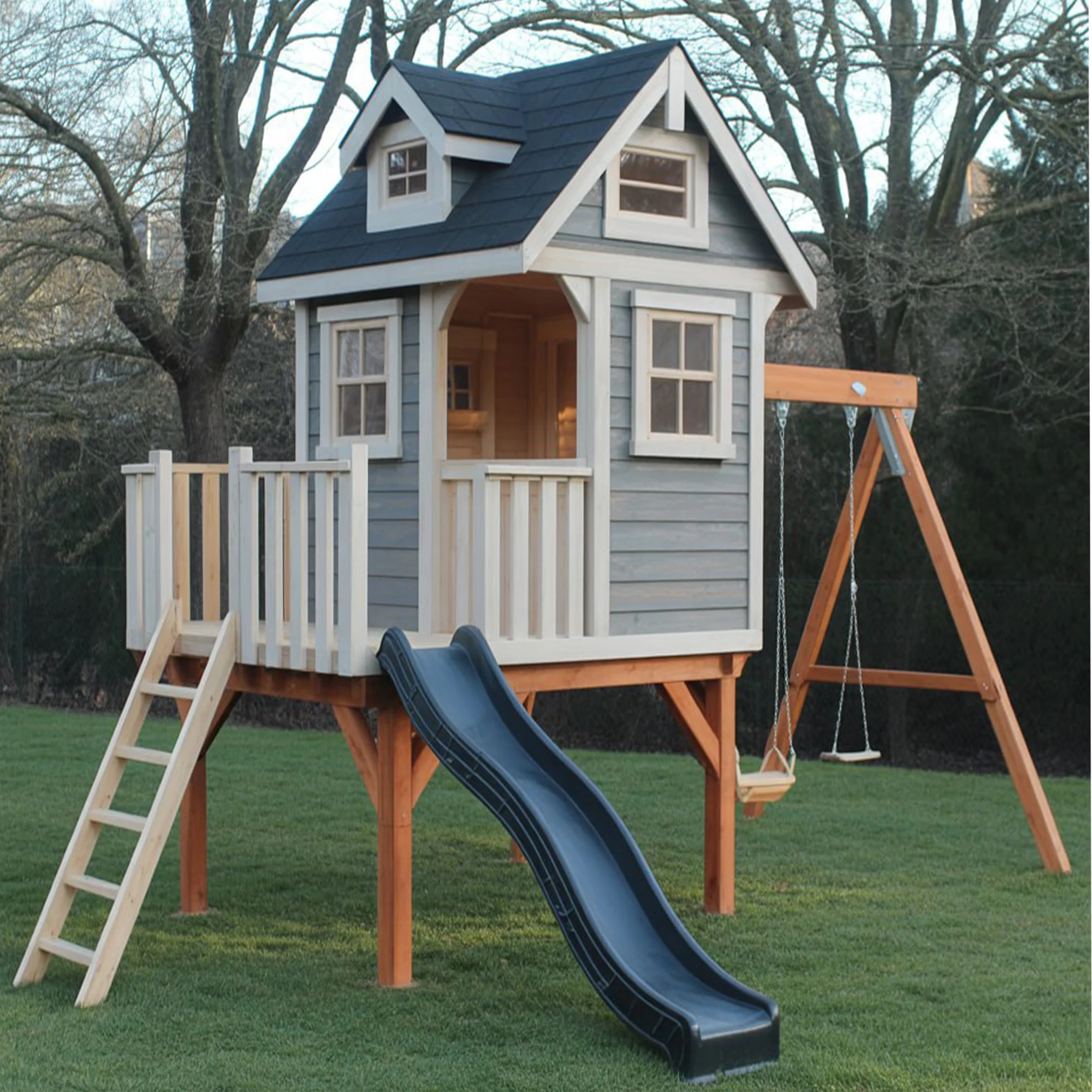 Wooden Playhouse with Slide and Swing – Elevated Backyard Kids Outdoor Playset 16x12 ft