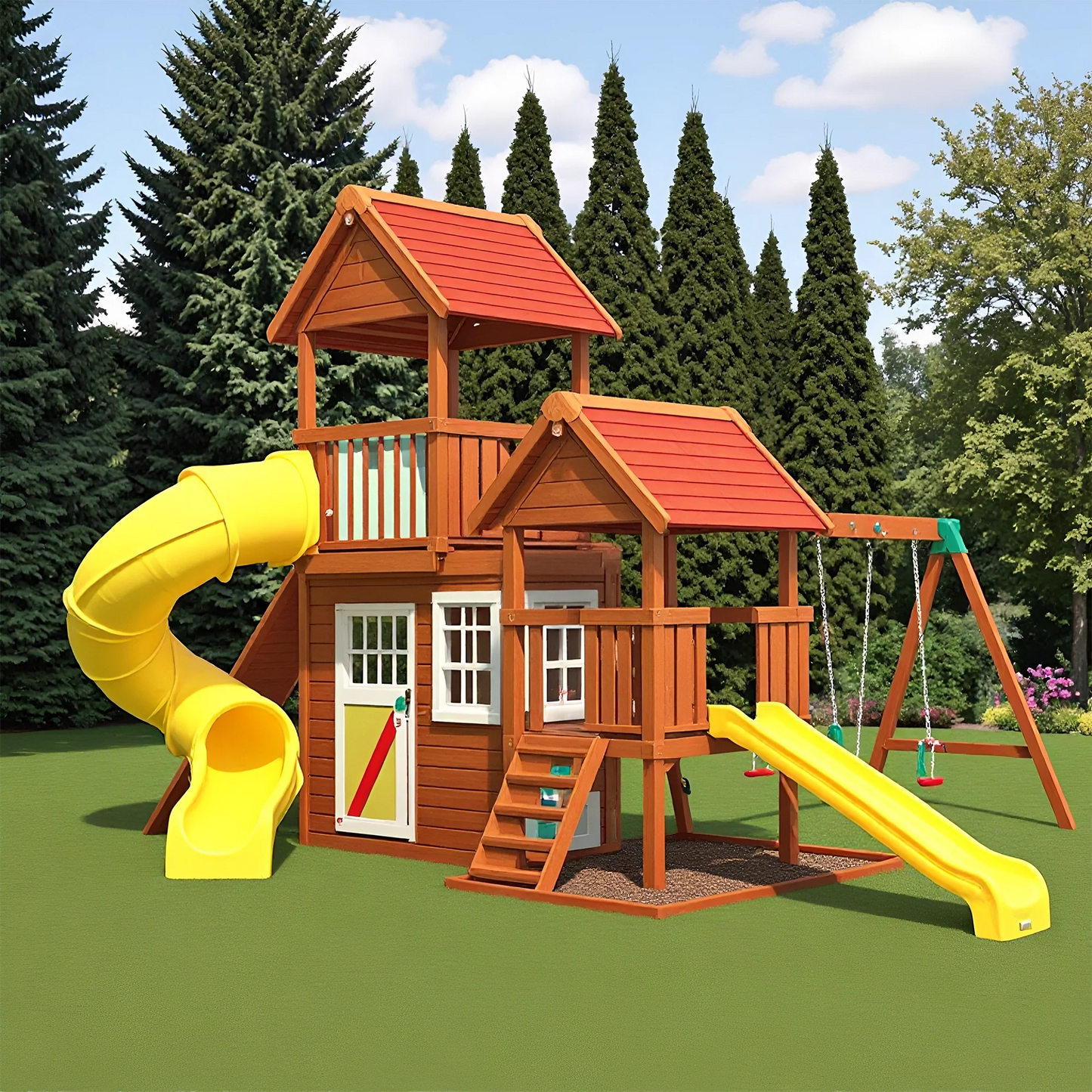 Wooden Swingset with Slide, Swing Beam & Adventure Play Fort