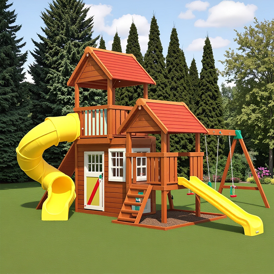 Wooden Swingset with Slide, Swing Beam & Adventure Play Fort
