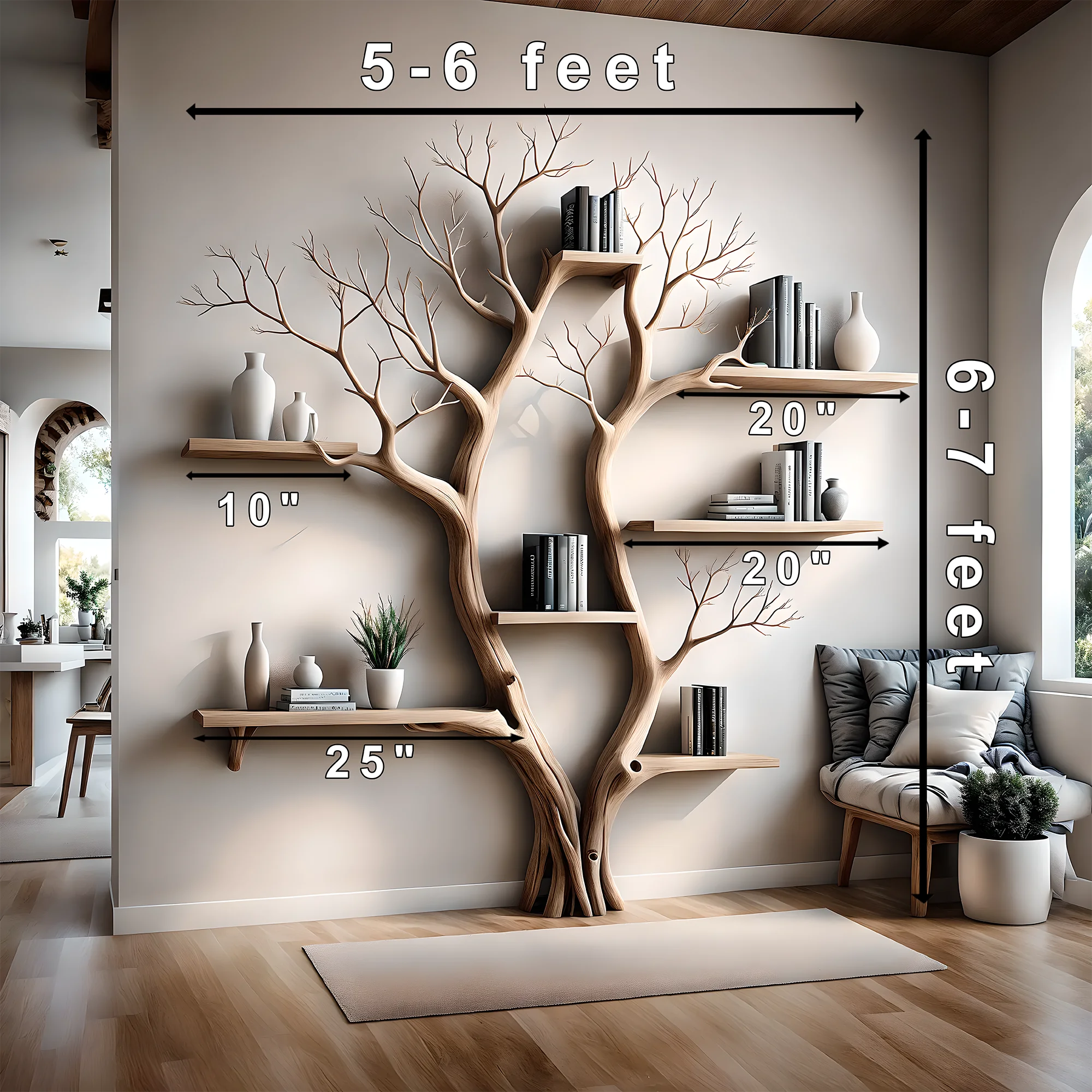 Bookshelf shaped like a tree with 2 branches, bookshelf shaped like a perennial wooden tree, living room decoration 