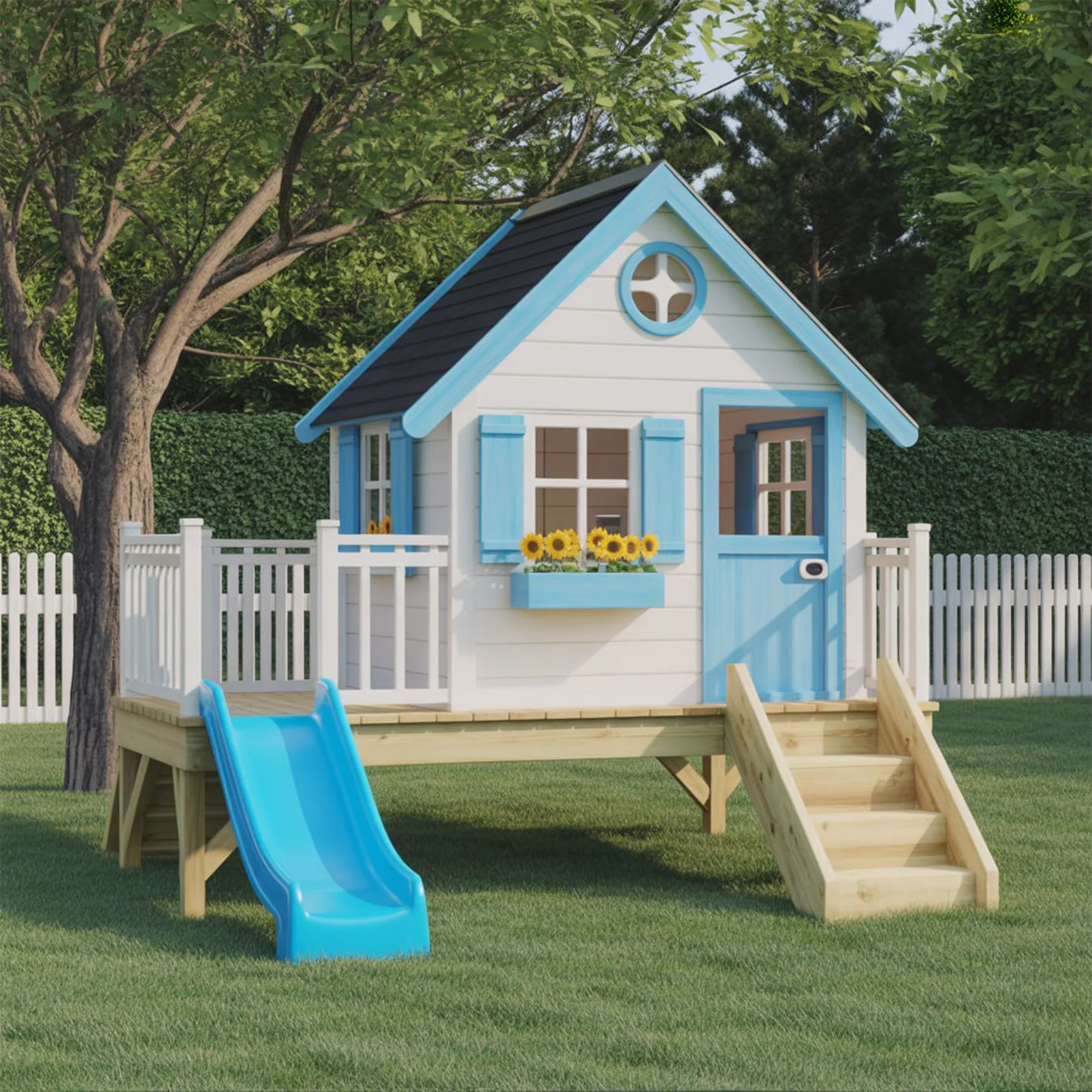 Wooden Kids Playhouse with Slide and Porch – Outdoor Backyard Activity Set 22x12 ft  Durable & Safe Design for Children