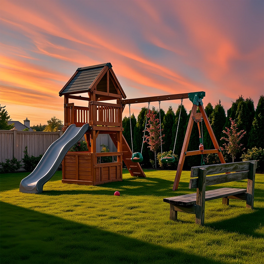 Wooden Swing Set with Slides, Climbing Features & Playhouse – Outdoor Fun Station