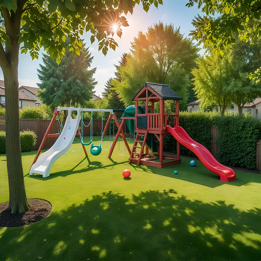 Wooden Kids Playground Set with Rock Wall, Slide & Swing Station – Backyard Playhouse