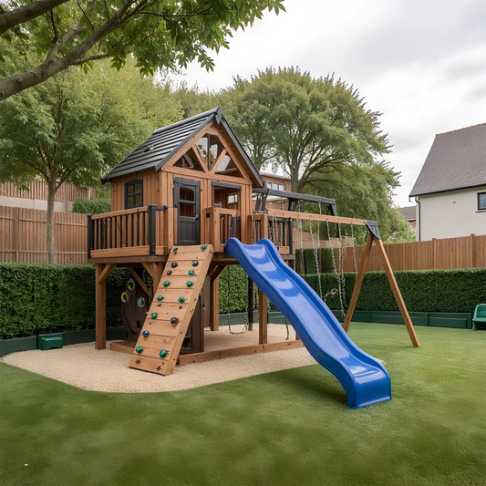 Wooden Swing Set with Slide, Rock Wall & Playhouse – Outdoor Kids Playground (199 in Tall, 137 in Wide)