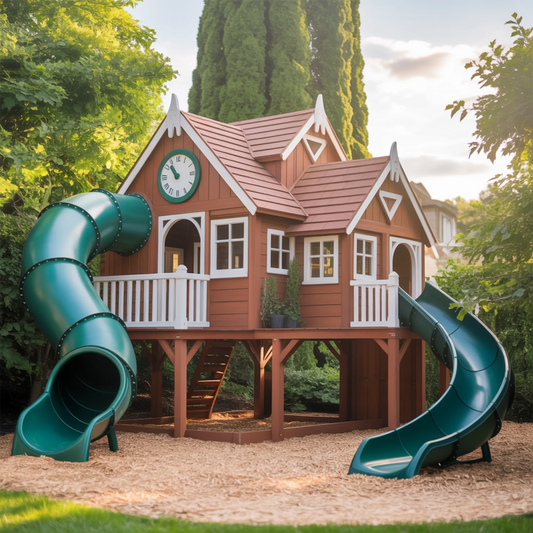 Deluxe Wooden Swingset with Dual Spiral Tube Slides, Clubhouse Tower & Outdoor Play Fort – 22ft x 12ft x 9ft Backyard Playground