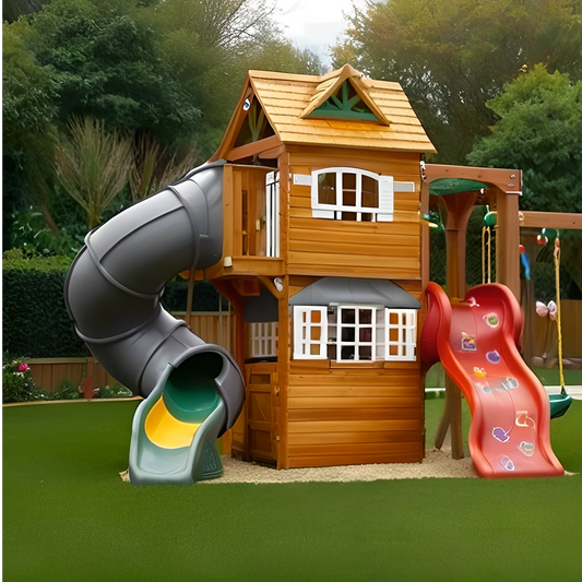 Outdoor Wooden Swingset with Spiral Tube Slide & Dual Swings