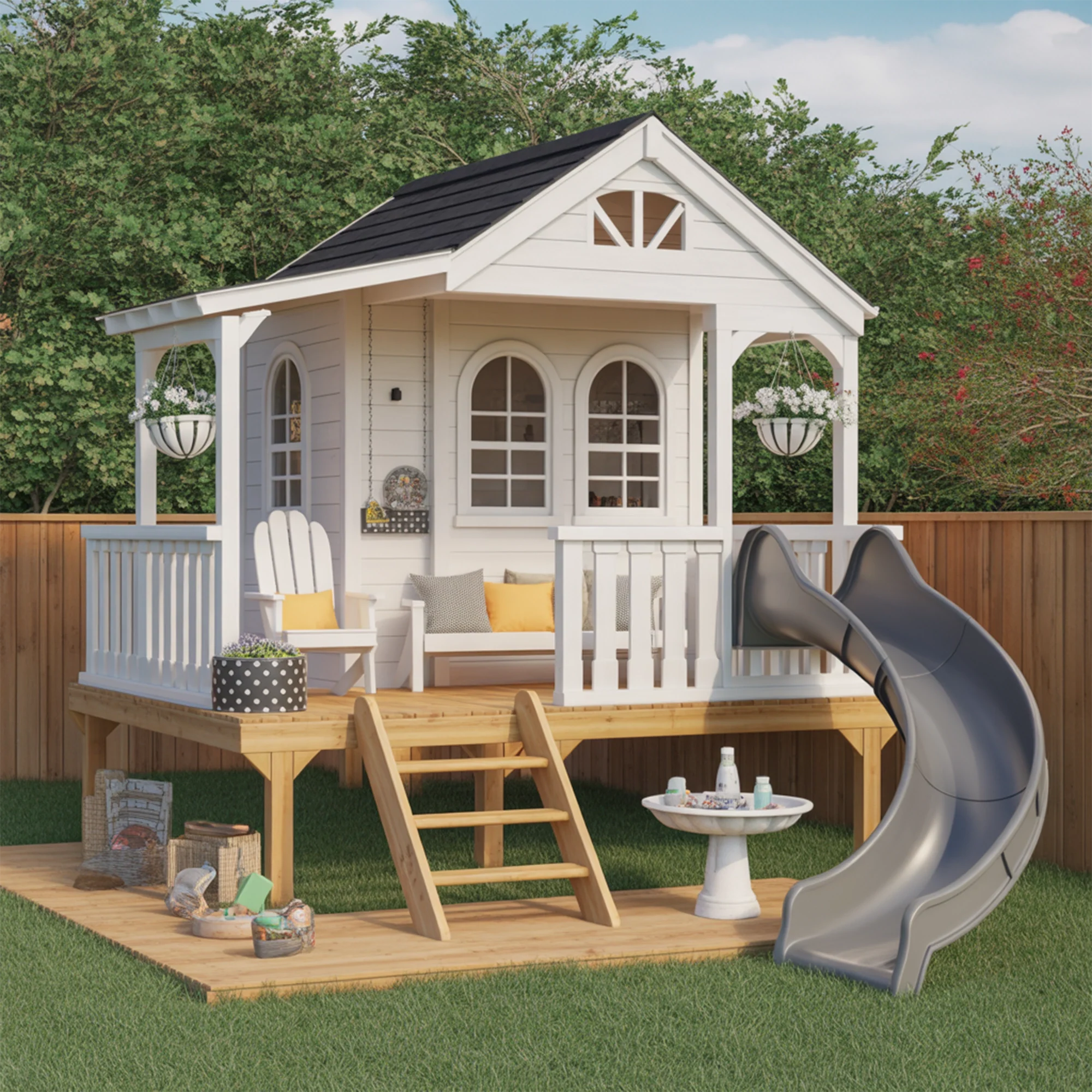Wooden Playhouse with Slide & Swings | 22x12x9 ft Backyard Playground for Kids Outdoor Fun