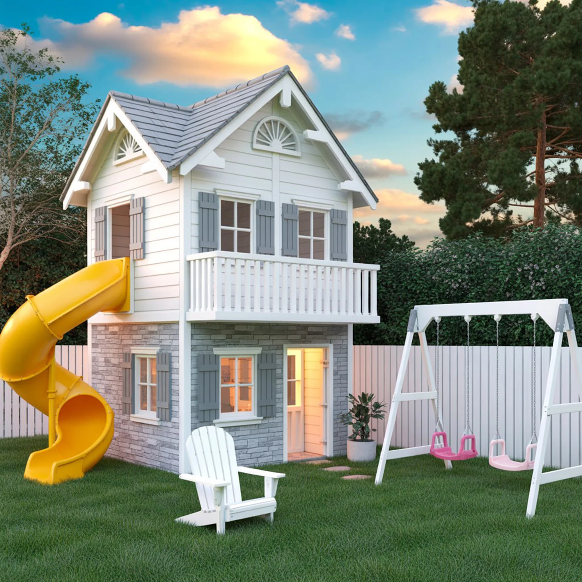 Large Wooden Playhouse for Kids – 9ft Tall with Spiral Slide