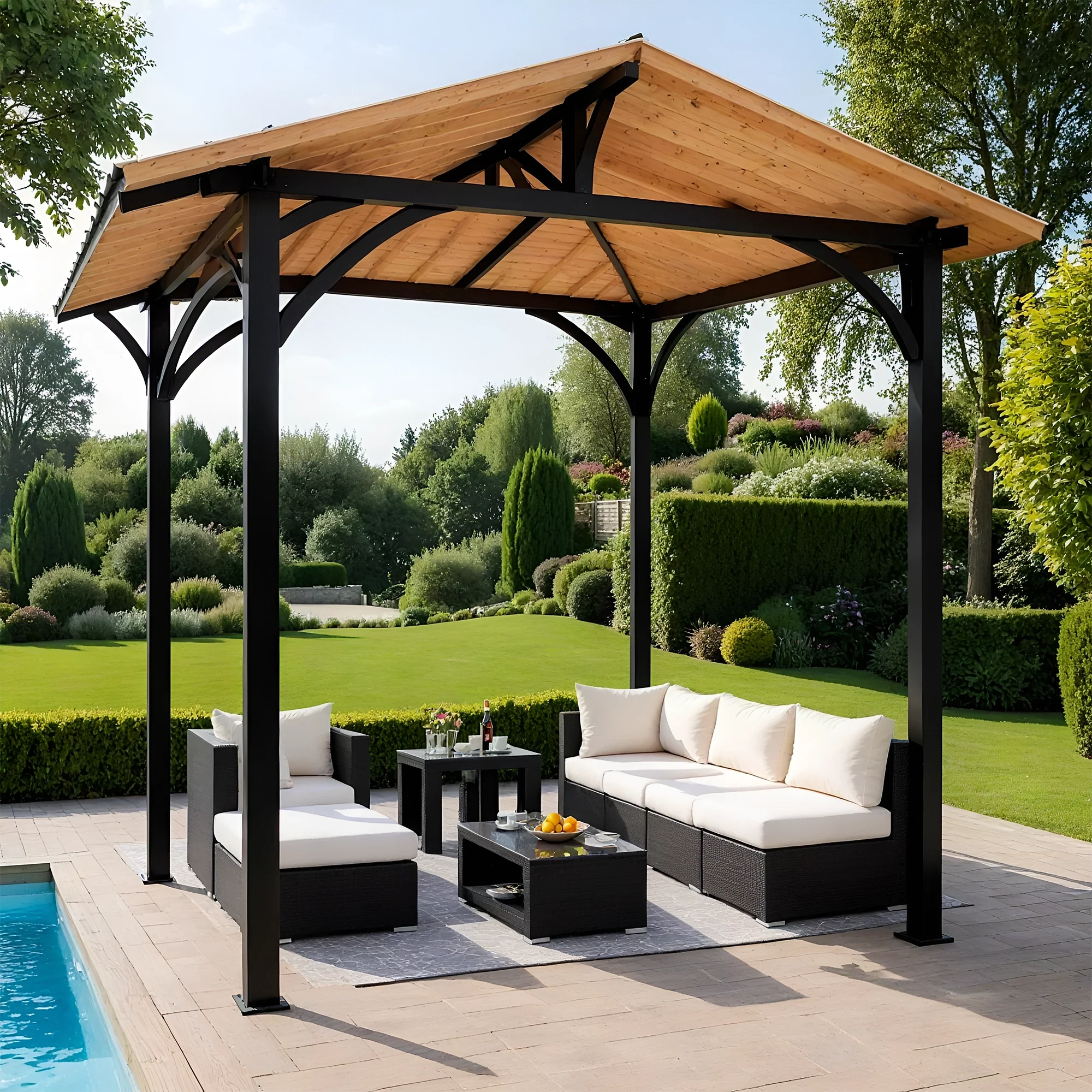 12x12 Wooden & Steel Gazebo with Gable Roof | Outdoor Pavilion for Patio, Garden & Poolside