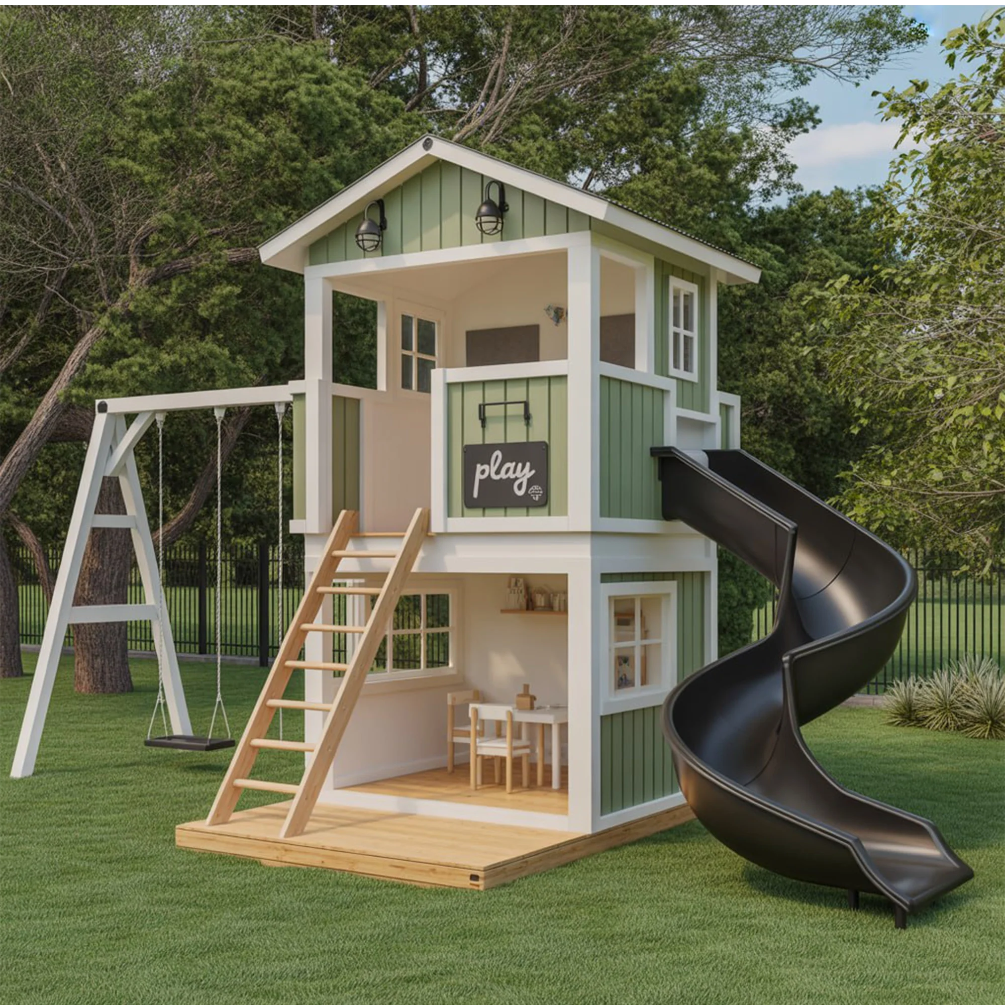 Modern Two-Story Wooden Playhouse with Spiral Slide, Balcony & Swing Set | 22ft x 12ft x 9ft Backyard Playground