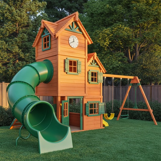 Deluxe Wooden Swingset with Tube Slide, Dual Swings & Playhouse | Outdoor Backyard Playground for Kids