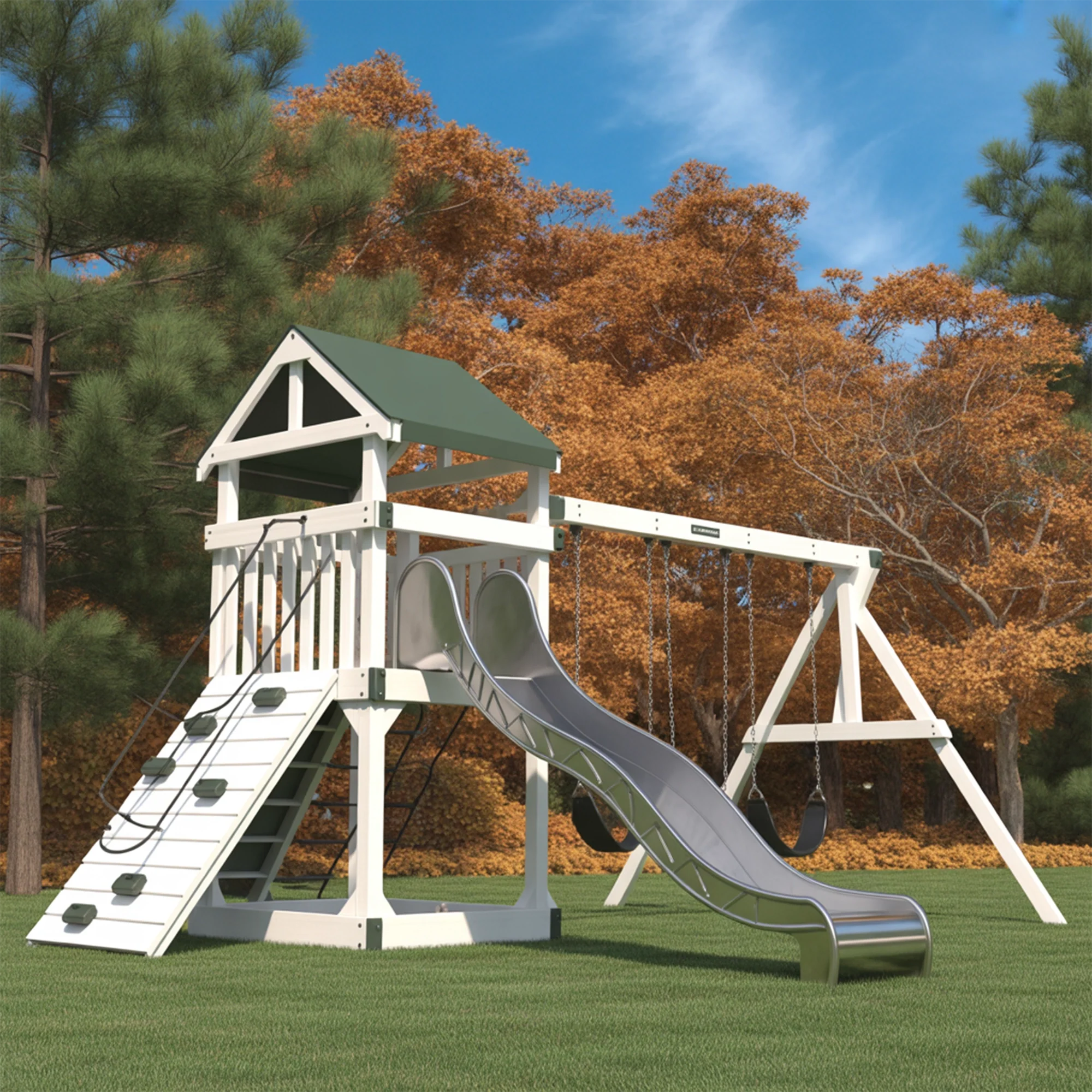 Backyard Wooden Playset with Double Slide, Rock Climbing Wall & Swings – Sturdy Outdoor Playground for Kids | 24x10x9 ft