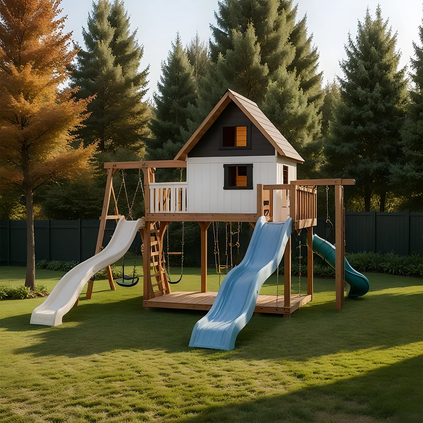Backyard Playhouse with Wooden Swing Set, Sandbox & Wave Slide – Outdoor Fun