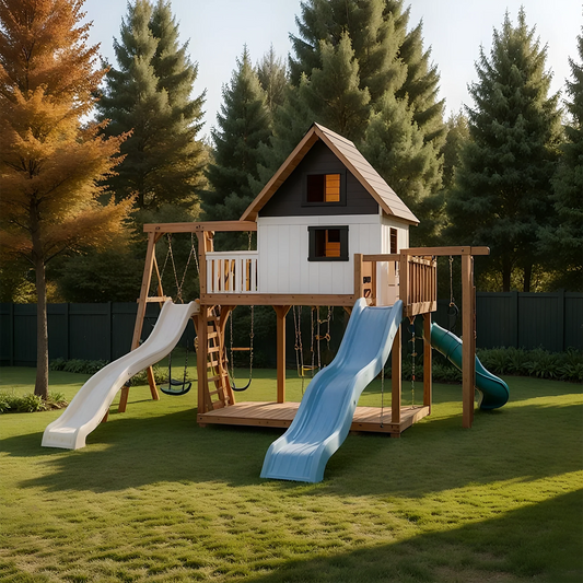 Backyard Playhouse with Wooden Swing Set, Sandbox & Wave Slide – Outdoor Fun