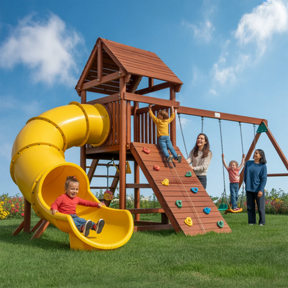 Wooden Swingset with Tube Slide, Rock Wall & Double Swings – Kids Outdoor Playground