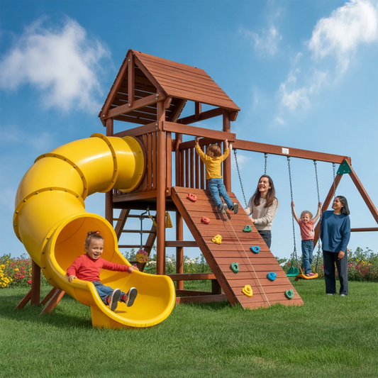 Wooden Swingset with Tube Slide, Rock Wall & Double Swings – Kids Outdoor Playground
