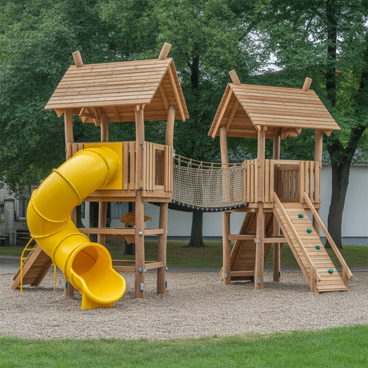 Large Wooden Kids Playhouse with Bridge & Slide | 22x12x9 ft Outdoor Playground