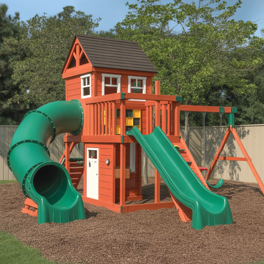 Backyard Wooden Playhouse with Dual Slides & Tube | 22x12x9 ft Kids Outdoor Playground