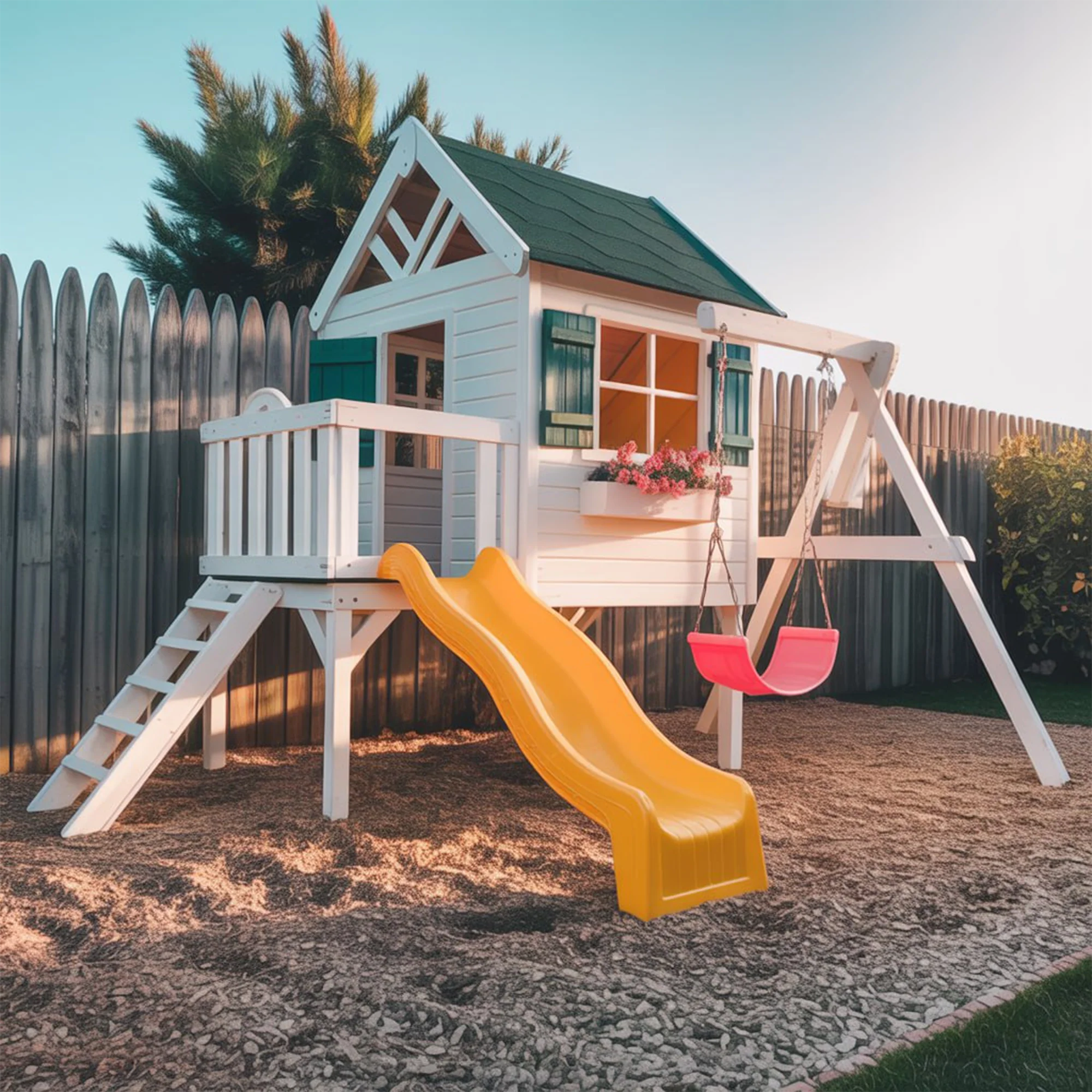 Wooden Outdoor Playhouse for Kids with Yellow Slide & Swing Set